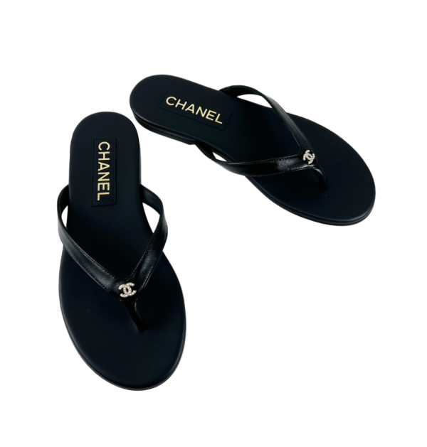 CHANEL LAMBSKIN CRYSTAL CC THONG SANDALS